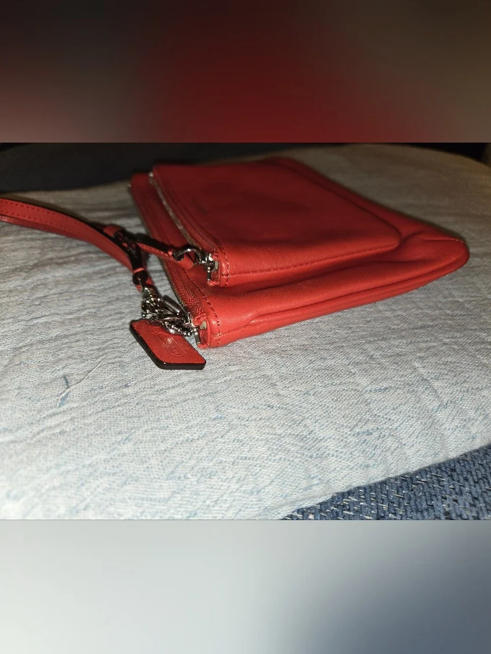 Coach Coral Red Leather Double Zip Wristlet